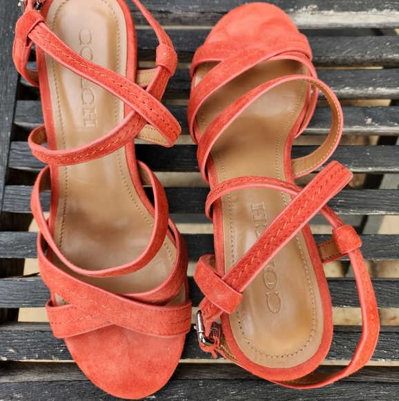 Women's Coach brand orange suede size 6 sandals block heel - Picture 1 of 5